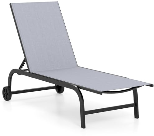 COSTWAY Garden Sun Lounger with Wheels, 6-Position Adjustable Patio Reclining Chaise Lounge Chair, Flat Metal Frame Outdoor Sunbed Seat Recliner Chair for Balcony, Deck, Poolside and Beach (1, Grey)