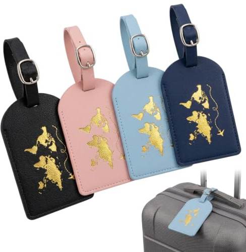 4 Stück Kofferanhänger Flugreise,Kofferschilder Anhänger aus Leder,Adressanhänger Koffer mit Verstellbarer Schnalle,Gepäckanhänger für Koffer Namensschild,Luggage Tag,Lustig Kofferschild