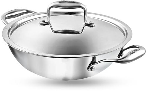 Vinod Platinum Triply Stainless Steel Kadai with Lid – 5.5L, 32 cm | 3 Layer SS Cookware Wok | Deep Cooking Pot for Sauteing & Curries | Gas & Induction Friendly | Heavy Bottom | Sturdy Handles