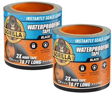 Gorilla Waterproofing Tape, Black, 4 x 10' (Pack of 2) - Permanent Weather Resistant Seal for Leaks and Repairs