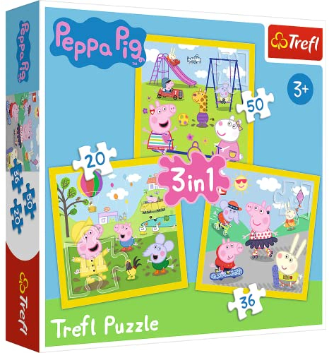 Trefl TR34849 Fröhlicher Tag Wutz, Peppa Pig 20 bis 50 Teilen, 3 Sets, für Kinder ab 3 Jahren Puzzlebox, Mehrfarbig