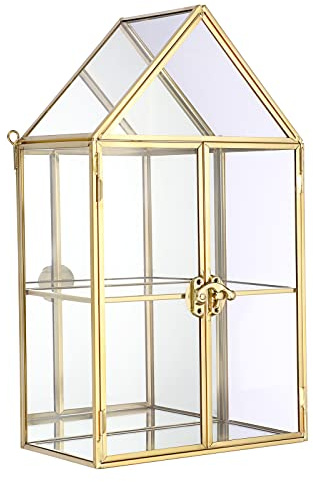ELLDOO 2 Tier Clear Glass Storage Box, Gold Mirrored Jewelry Makeup Display Organizer Case, Decorative Tower box Storage for Trinket Perfume Lipstick Figure Statue Toy Display, House Shape