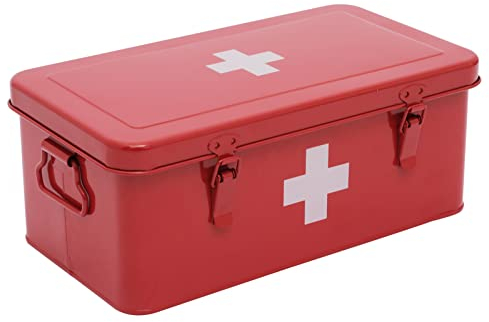 Xbopetda First Aid Medicine Box, First Aid Kit Supplies Bin, Metal Medicine Storage Tin, First Aid Empty Box with Safety Lock for Home Emergency Tool Set-Red