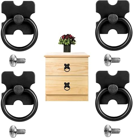 RosewineC 4 pcs Drawer Handles and Ring Pull, Vintage Metal Drawer Knobs Pulls Handles Decorative Furniture Door Drawer Handles and Ring Pull with Screws for Cabinet Wardrobe Cupboard Dresser, Black