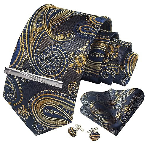 CWKOON Herren-Krawatte mit Paisleymuster, formale Krawatte, Einstecktuch, Krawatten-Clips, Manschettenknöpfe, klassisches Set für Herren, Schwarz Gold, Einheitsgröße