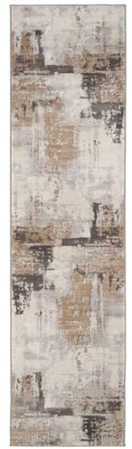 Luxury Greige Painterly Hallway Runner Rug Neutral Textured Polyester Carpet Stain Resistant Grey Beige Paint Brush Lounge Living Room Rugs 60cm x 240cm