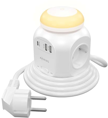 AISENS - ASPS-2A1CLPQ02-W - Regleta Enchufes PowerCube Sobremesa 8 en 1, 4 Tomas + 1xUSB-C PD3.0, 2xUSB-A QC3.0, Cargador USB para Oficina, Cocina y Habitación, Luz Nocturna para Mesita, 1.8M, Blanco