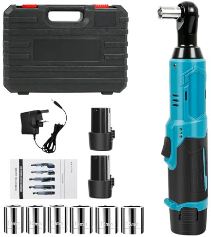 Cordless Ratchet Wrench, 12V Electric Ratchet Set, 3/8Ratchet Wrench with 2*2.0Ah Batteries & Charger, Powered Ratchet Wrench Includes 6 Sokets, 45N.m, 600RPM with LED Light Tool kit (Blue)