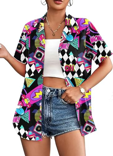Hawaii Shirt Damen Vintage 90er Hemd läSsiges Retro 80er Nostalgia Shirts Bluse Tops, Multicolor-A., S