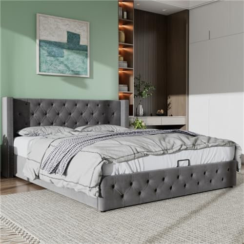 Gepolstertes Doppelbett Mit Hydraulischer Lagerung, Mit Lattenrost Und Untergestell, Mit Geknöpftem Kopf- Und Fußteil, Für Schlafzimmer Und Gästezimmer(Size:180x200cm,Color:Gray)