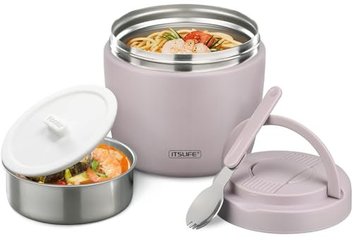 Itslife 32oz Insulated Soup Thermo, Vacuum Stainless Steel Food Jar for Hot & Cold Food, Leakproof Wide Mouth Lunch Container with Spoon, Light Purple