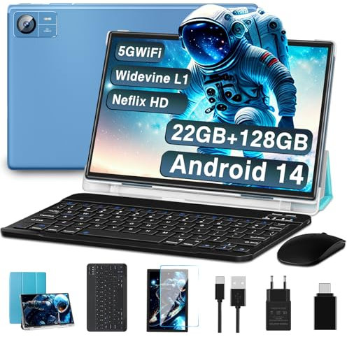 SUAAT Tablette 2025 Nouvelle 10 Pouces Android 14 avec 22Go RAM 128Go ROM (1To TF Extensible), WiFi 2.4G/5G, 8-Cores, 8000mAh, 8MP+5MP, Widevine L1, Tablette Tactile avec Clavier| Souris| Etui-Bleu