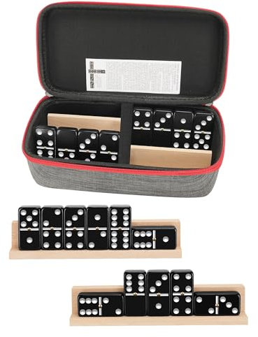 KAILE Jumbo Double 6 Domino Set with Portable Case & 4 Wooden Racks | 28 Large Tiles for Adults & Families | Travel & Board Games for 2-4 Players