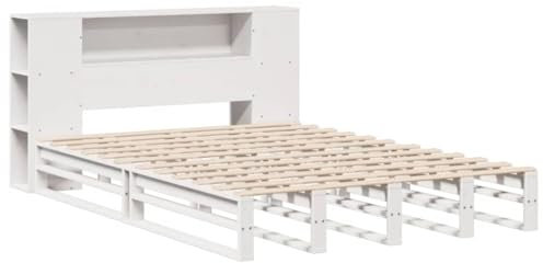 vidaXL Massivholzbett, Bett mit Bücherregal ohne Matratze, Holzbett Bettgestell mit Lattenrost, Palettenbett Doppelbett für Schlafzimmer, Weiß 140x200cm