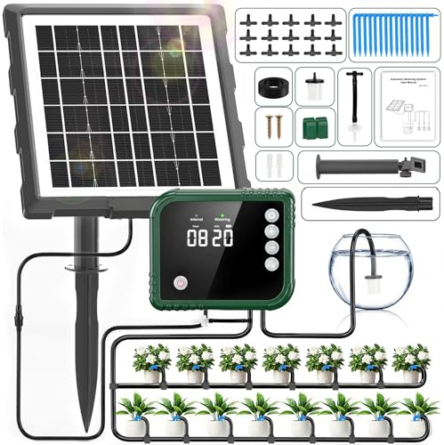 Vordyn Solar Bewässerungssystem für Balkon Pflanzen mit LCD-Display,350 Automatische BewäSserung Timer Modi,Automatische Tropfbewässerung für 15 Pflanzen mit 15M Schlauch,3W Bewässerun