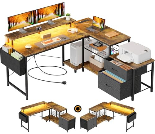 Seventable Schreibtisch L Form mit Ablageflächen, Gaming Tisch mit LED & Steckdosen, Computertisch mit Monitorständer für Homeoffice, Schlafzimmer, Wohnzimmer, Vintagebraun
