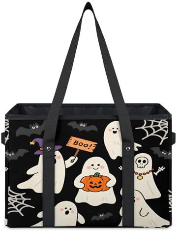 TropicalLife Halloween Ghost Reusable Grocery Bags Large Grocery Tote Bag with Handles Foldable Shopping Bags Storage Bins Basket