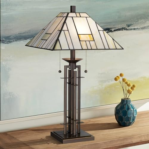 Franklin Iron Works Mission Tiffany Style Table Lamp Art Deco 26.25 High Wrought Iron Dark Bronze Brown Gold White Stained Glass Shade for Living Room Bedroom House Bedside Nightstand Home Office