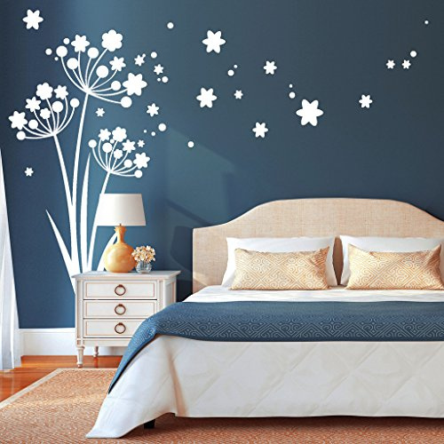 Wandtattoo Loft Drei Pusteblumen mit fliegenden Pollen / Wandtattoo/Wandaufkleber / 54 Farben / 3 Größen/weiß / 149 cm hoch x 163 cm breit
