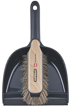 Dustpan and Brush Set - Hand Broom with Premium Soft Horsehair Bristles, Comfort Grip Beechwood Handle, All Purpose Detailed Cleaner - Swiss Made by Superio