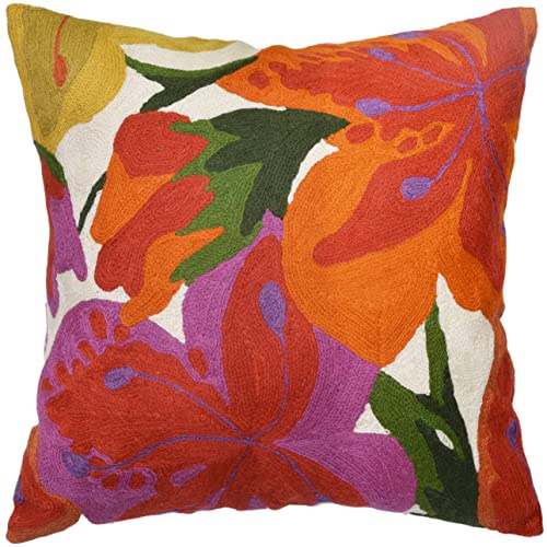 Kashmir Designs Floral Bloom Pillow Cover | Suzani Accent Pillowcase | Flower Accent Cushions | Hand Embroidered Wool Cushion - 18x18