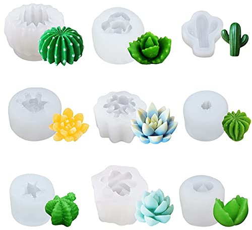 NA Woohome 9 Stück Sukkulente Kaktus Silikonform, Silikonform für Sukkulenten und Kaktus Sukkulente Resin Form für Handgemachte Kerze, Fondant, Epoxidharz