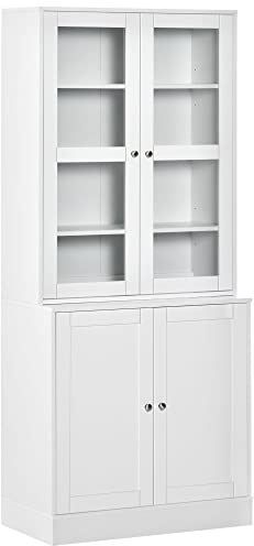 HOMCOM Modern Bookcase with Glass Doors, Display Storage Cabinet with Adjustable Shelves for Living Room, Study, Home Office, Kitchen Cupboard with Small Open Counter, White
