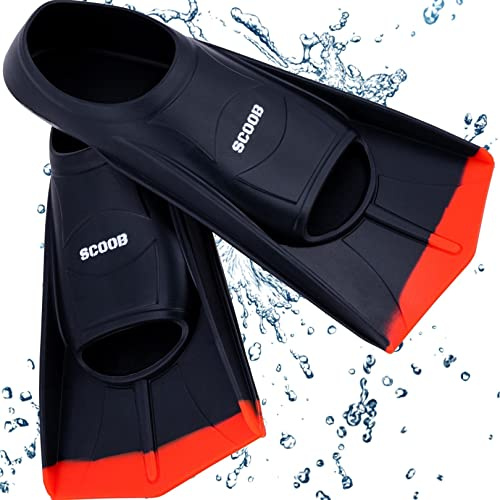 Swimming Training Fins Swim Flippers Travel Size Short Blade For Snorkeling Diving Pool Activities. Open Water Equipment for Men, Women & Children New Bright Colours + Mesh Bag (30-32 XS, black-red)