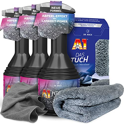 detailzone Autopflege Set: 3x Dr. Wack A1 HIGH END Spray Wax Lackversiegelung Autowachs + 1x Dr. Wack DAS TUCH + Premium Mikrofaser Poliertuch 40x40cm