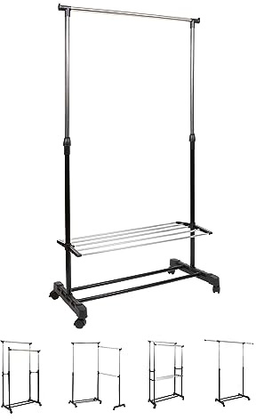 THE SECRET HOME - Perchero Burro Ajustable de Metal con Ruedas - Alto: 94 a 162 cm x Largo: 80 cm - Burro Extensible para Ropa - Organizador para Dormitorio, Entrada, Pasillo (Modelo 1)