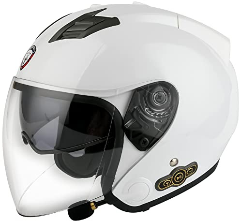 Retro Motorcycle Bluetooth Open-Face Helmets Motorbike 3/4 Half Helmets with Sun Visor, Vintage Style DOT/ECE Approved Motorbike Jet Helmet for Youth Men Women F,L