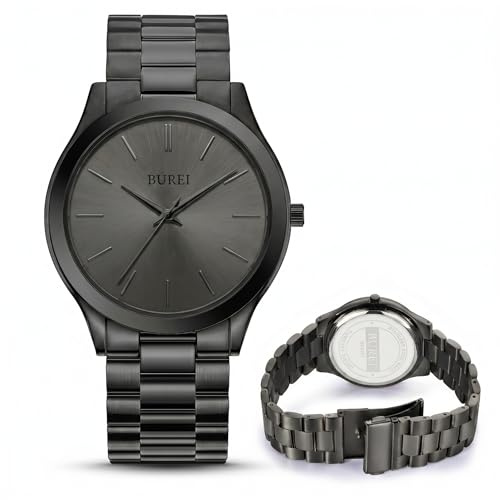 BUREI Men Watches Fashion Analog Stainless Steel Quartz Waterproof Watches,Gift for Men. (All Black, Black, Stainless Steel)