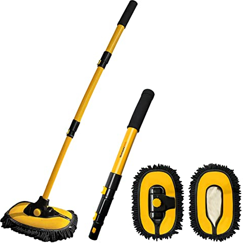 YeewayVeh 110CM Car Wash Brush with Long Handle, Microfiber Car Wash Mop with 2 Replaceable Brush Head, Soft Cleaning Brush with 15° Curved Extension Pole Car Wash Kit for RV Truck Camper, YELLOW