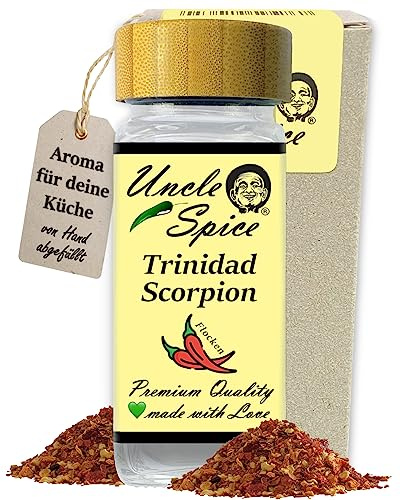 UNCLE SPICE® Trinidad Scorpion FLOCKEN RED Moruga 30g im Gewürzglas - eine der schärfsten Chili der Welt 1.2 Mio Scoville - RED SCORPION im Streuer - Chilischoten geschrotet - Achtung EXTREM SCHARF