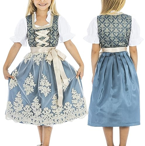 BAVARIA TRACHTEN Kids Dirndl Dress: Authentic German Alpine Oktoberfest Costume for Girls Daughter Blue Gold 6-8