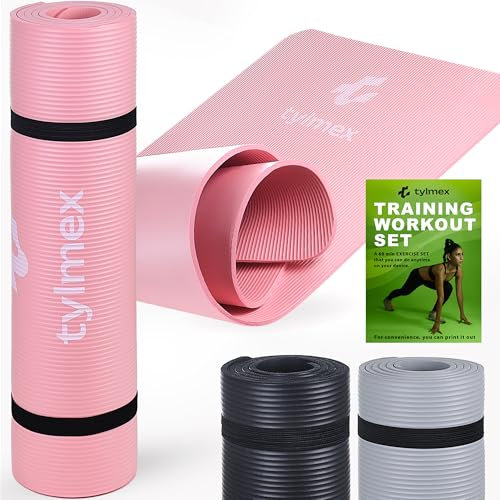 Tylmex Yogamatte rutschfest 8mm dick | Fitnessmatte, Pilates- & Gymnastikmatte für Zuhause & Outdoor | NBR Sportmatte mit Tragegurt & Online-Übungsanleitung - Rosa
