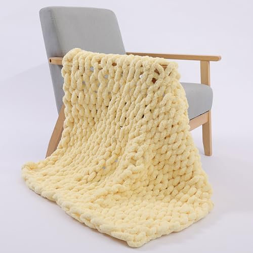 RUANLOV Dicke Strickdecke, Chenilledecke, Grobstrickdecken für Sofas Und Betten, Weiche GroßE Strickdecke, Grob Gestrickte Decke Mit Zopfmuster (Light Yellow 130x170cm)
