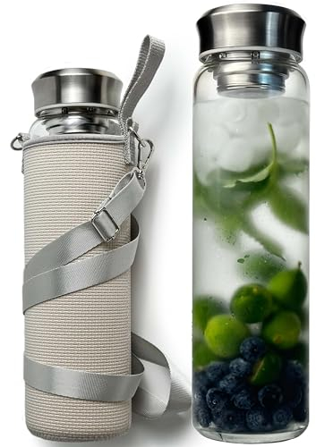 drinmoaer 1 Liter Glasflasche mit Edelstahldeckel | Weitöffnende Cold Brew Wasserflasche mit Neoprenhülle | Trinkflasche 1l