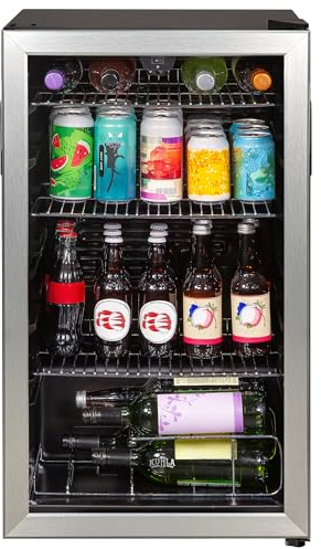 Kuhla Mini Fridge 93 Litre Undercounter Freestanding Beverage/Drinks Wine Fridge for Beer Stainless Steel, LED Light, Drinks & Snacks Glass Door, 3 Adjustable Shelves, Energy Efficient, K48BC101SS