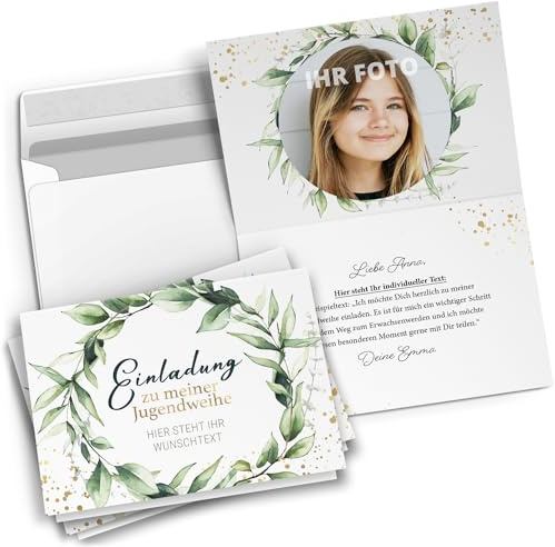 10 personalisierte Jugendweihe Einladungskarten mit eigenem Text und Foto - Moderner Kranz - Einladungen mit Umschlägen