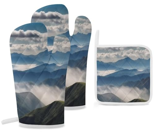 Ofenhandschuhe und Topflappen, hitzebeständig, Ofenhandschuhe und Topflappen, Landschaft mit Bergen und Wolken, Grillhandschuhe, heiße Pads, Kochhandschuhe für Küche, Backen, Grillen, 3-teiliges Set