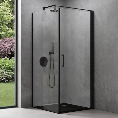 doporro Eckeinstieg Duschkabine schwarz 75x75x195cm Eckdusche inkl. Duschtasse ESG-Sicherheitsglas Klarglas inkl. beidseitiger Easy-Clean-Beschichtung Ravenna36-Plus