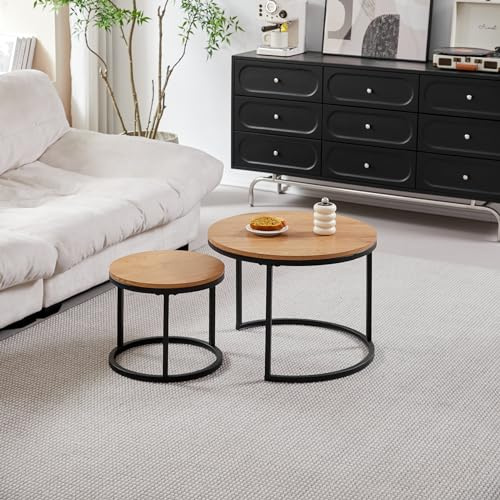 DEYARNA HOME Juego de 2 Mesas de Centro Nido con Estructura Negra; Mesa de Centro Redonda Tapa de Madera Veteada con Estructura de Metal. Grande: 60*60*45cm; Pequeño: 40*40*35cm (Marrón Claro)