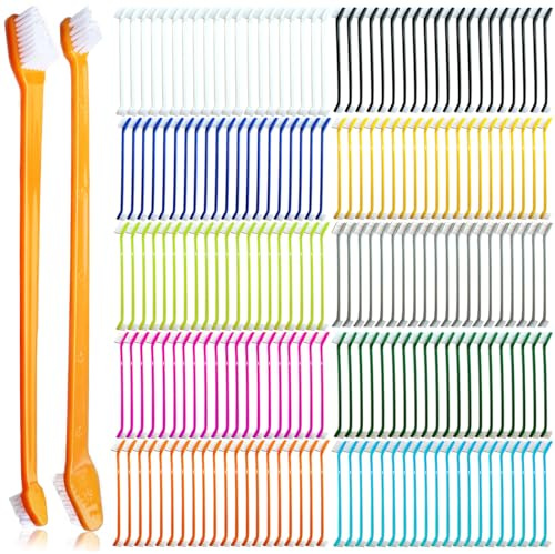 MoonyMars 200 Pcs Dog Toothbrush Cat Tooth Brushes Bulk, Double Sided Brushing Kit, Teeth Cleaning Kit Soft Bristles Long Handle, Pet Tooth Brush for Small to Large Dog, Cat, Puppy & Kitten, 10 Colors