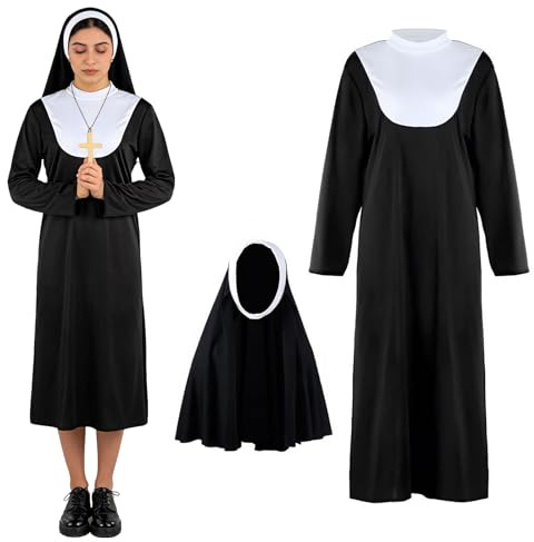 Tutukyle Nonnen Kostüm Damen, Schwarz Nonnen Kostüm, Gruselig Halloween Kostüm Damen,3 Stücke Halloween Nonnen Kostüm mit Nonnenhaube Kreuzkette für Halloween, Karneval, Themenparty, Kostümparty