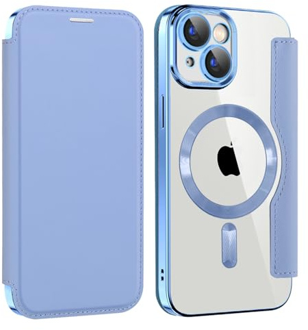 Unichthy Magnetic Flip Case for iPhone 15 Clear Cover |RFID Blocking| Wallet Purse Shockproof Leather Stand Cover Individual Protection for Each Lens Phone Skin for iPhone 15 Light Blue