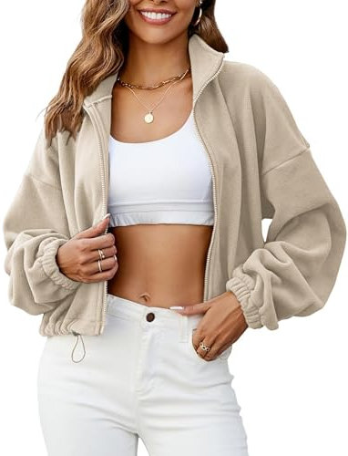 Timuspo Fleece Pullover Damen Warm Kordelzug Fleece-Jacke Kurze Hoodies Lounge Wear Herbst Winter Reißverschluss Crop Coat Sweatshirt Jacke Langarm Sweatjacke Ohne Kapuze Khaki L
