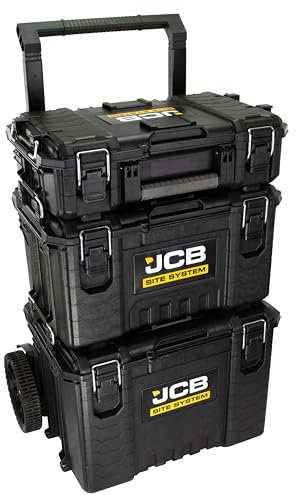 JCB Site System, 3-Piece Modular Tool Box, Rolling Tool Storage, Toolbox, Organiser, Heavy-duty Tool Box 9’’ Wheel Trolley for Workshop, Builders, Decorators and Tradespeople