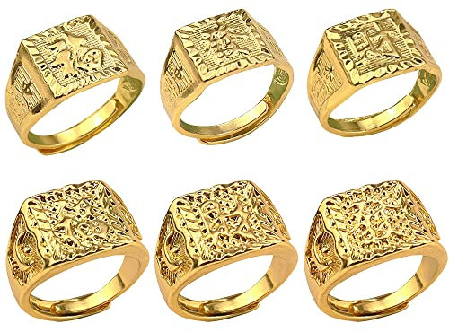 CYUaoao 6 Stk Herren Vergoldeter Ringe Set Hip Hop Ringe Verstellbar Siegelringe Rock Ring Reich Glück Reichtum Kanji Bandring Trauring Gold