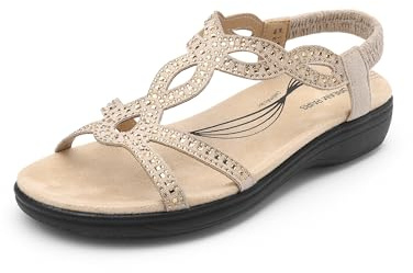 DREAM PAIRS Women's Comfort Dressy Rhinestone Summer Beach Sandals Slip-on Flat Walking Orthopedic Sandals with Elastica Back Strap,Size 11,Gold,DWUMFS2520